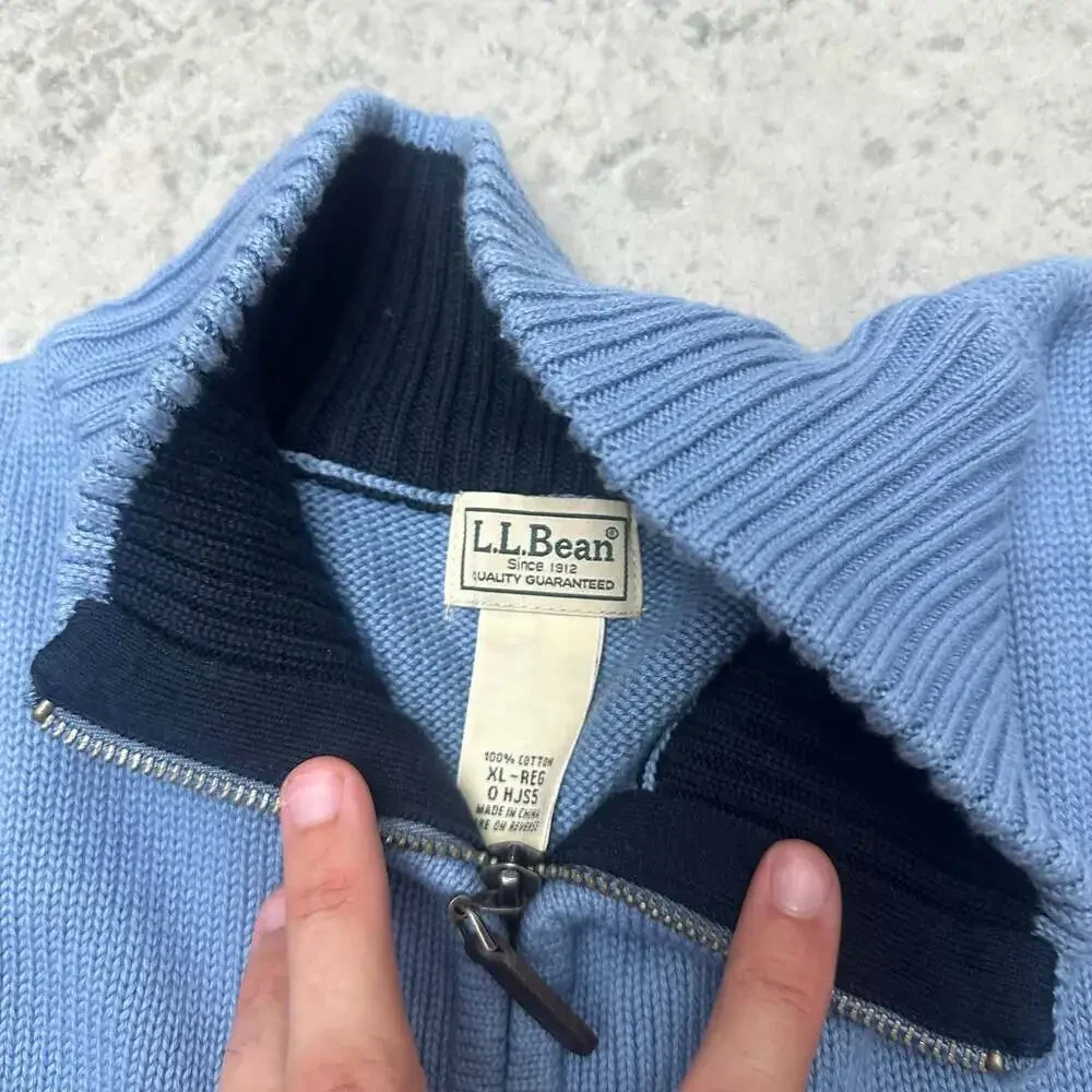 LL Bean Men's Blue 100% Cotton Quarter-Zip Sweater - XL